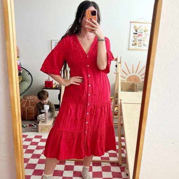 Xierna Kendall Red Cotton Gauze Midi Dress - Picture 3 of 9